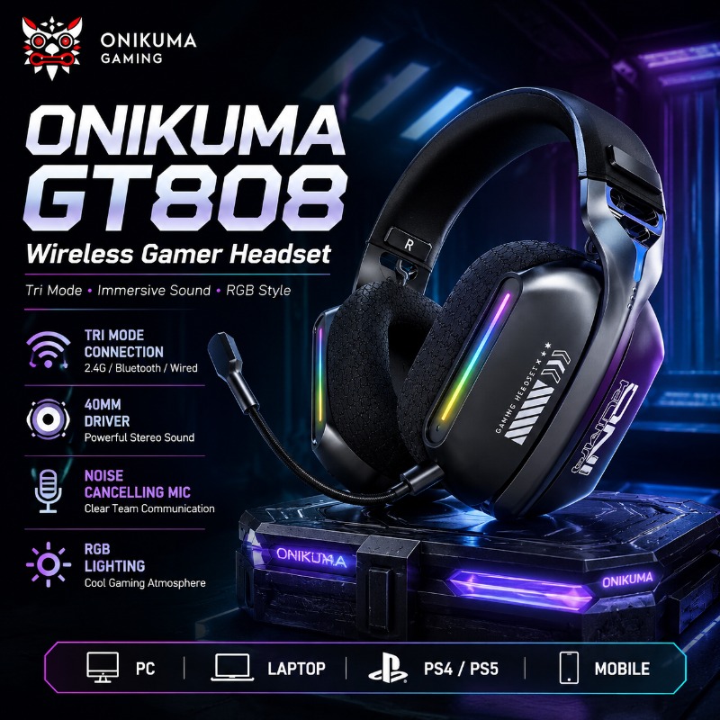 Gaming Headset Rgb - Беспроводная игровая гарнитура ONIKUMA GT808, трехрежимная,